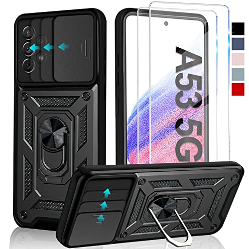 Croazhi Kameraschutz Handyhülle für Samsung Galaxy A53 5G Hülle mit Schutzfolie *2 pcs, 360 Grad Metal Ring Halter Standard Stoßfest Schutzhülle Case Cover für Samsung A53 Panzerglas, Galaxy A53 Hülle