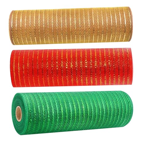 Naisicatar Rollos de Malla Deco de 3 Rollos, Coronas navideñas de 10.2 Pulgadas x10 Yardas, lámina metálica Deco Poly Malla Rollo para decoración navideña Que prepara el Arco de Guirnalda, Estilo 1