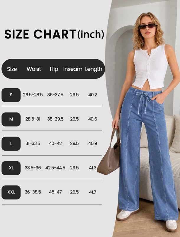 keriffe Women's Wide Leg Jeans Drawstring High Waisted Stretchy Denim Pants - image 7