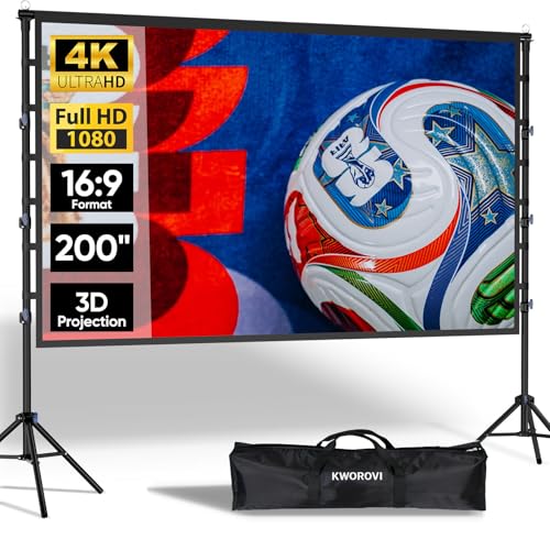 200 inch Projector Screen with Stand: KWOROVI Portable 16ft Large Projection Screen and Stand Outdoor - 16:9 4K HD Front Rear Movie Screens Indoor - Wrinkle-Free & Carry Bag for Backyard Cinema