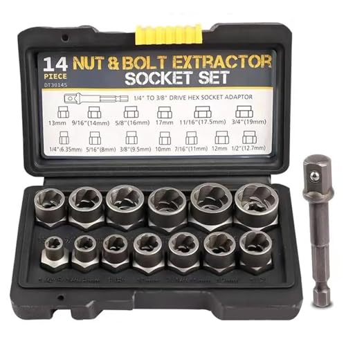 14pcs Impact Bolt & Stripped Lug Nut Remover Set, Extraction Socket Set for Removing Damaged, Frozen Studs Rusted Rounded-Off Bolts & Nuts Screws with Solid Storage Case