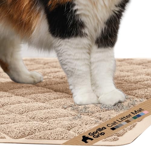 Image of GORILLA GRIP Cat Litter Box Mat, Cushioned Coil Mesh Litter Trapping Mats, Scatter Control Supplies for Less Mess, Phthalate Free, Ultra Deep Catch Grooves, Rinse or Vacuum to Clean, 17x11 Beige