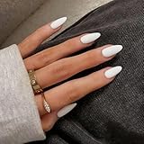 Matte White Press on Nails - Almond Shaped, Medium Length, Thick Natural Gel Stiletto Nails, 24Pcs