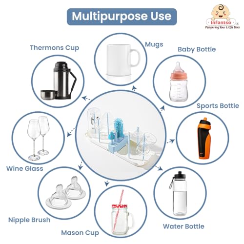 Image of Infantso Foam-O (10-in-1) Baby Bottle Cleaning Brush Set - Feeding Bottle Cleaner Kit for Newborn Essentials with Pacifier Brush, Straw Brush, Drying Rack & Soap Dispenser | BPA-Free Silicone Bristles