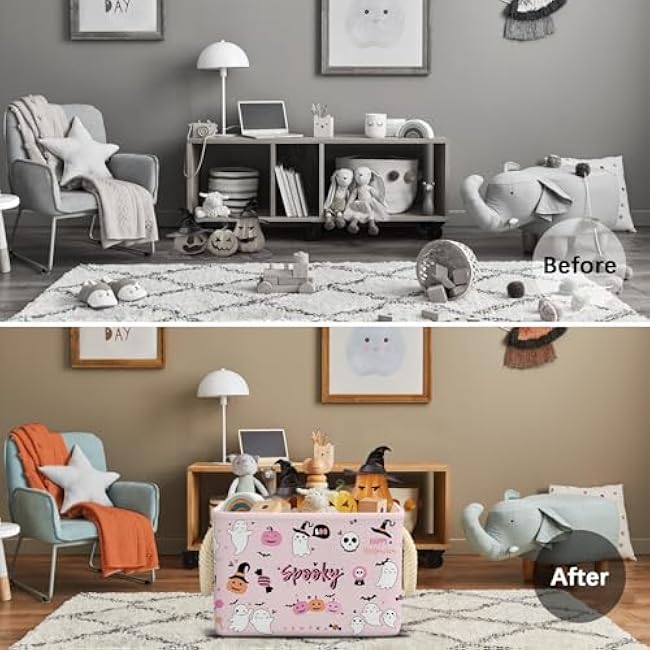 Halloween Ghost Basket Pink Boo Spooky Basket with Handles Foldable Halloween Gifts Storage Bins for Clothes Toys Books (Pink & White, 15x10x10 Inch)