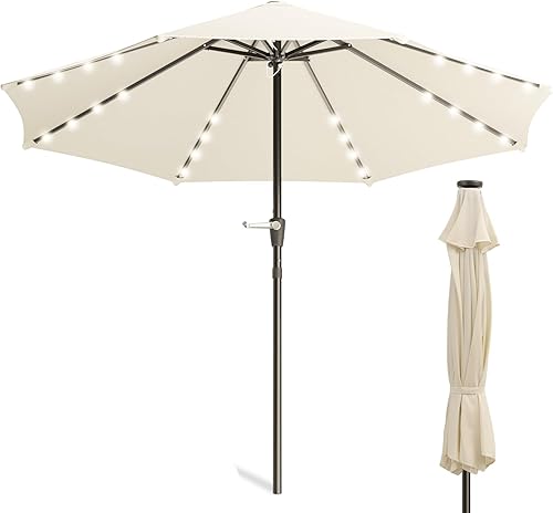 MoNiBloom Paraguas de 9 pies para exterior, sombrilla de patio con luz LED solar con 8 varillas, sistema de inclinación y manivela de elevación,