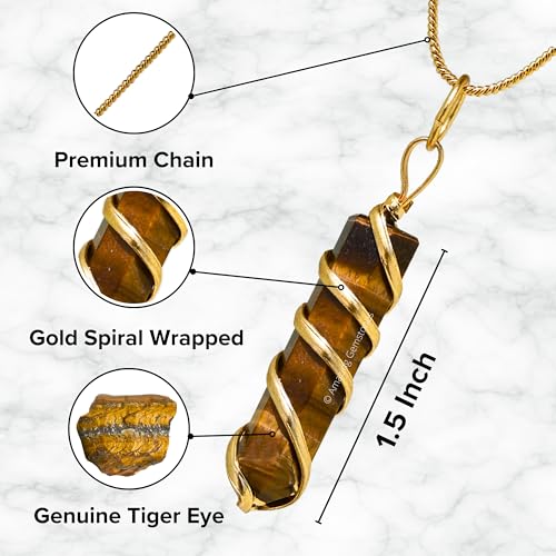 Amazing Gemstone Tiger Eye Crystal Necklace Pendant For Women, Gold Wire Wrapped Dainty Minimalist Healing Crystal Necklaces For Men Kids Unisex Necklace Jewelry With 20 Inches Adjustable Chain & Leather Cord3