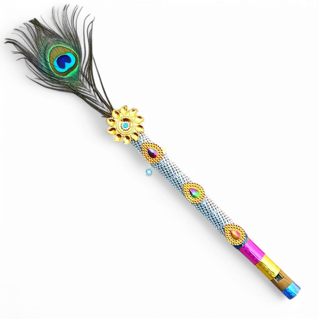 Decorative Peacock Feather Flute, Natural Green and Gold, Embellished with Crystal Gems, Traditional Musical Instrument for Beginners-image-25