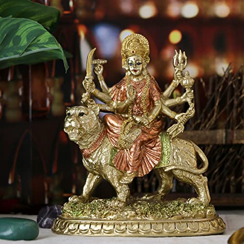 Hindu Goddess Small Durga Statue - 5.7" H Indian God Durga On Tiger Figurines Decoration Hinduism Buddha Idol Home Office Temple Puja Sculpture Mandir Murti Diwali Pooja Gifts Meditation Altar Shrine #TOP2