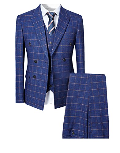 Cloudstyle Mens Blue Slim Fit 3 Piece Checked Suits Double Breasted Vintage Fashion Blue Large