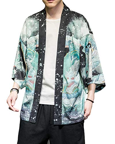 PRIJOUHE Men's Japanese Kimono Cardigan Jackets Casual Long Sleeve Open Front Coat Lightweight Yukata Outwear