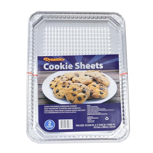 Dynamic Half Size Aluminum Cookie Sheets – Pack of 2, Tray Size 16.24” x 11.42” x 0.86“, Heavy Duty, Disposable, Baking, Even Heat Distribution, Oven & Freezer Safe, Easy Clean-Up