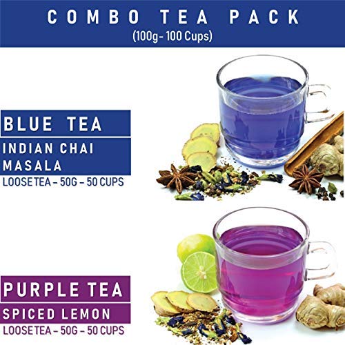 Blue Tea - Combo Pack - Blue Tea Indian Chai Masala & Purple Tea Spiced (100 Gram - 100 Cups) | Butterfly Pea Flower Blend | Caffeine Free Herbal Tea | Vegan - Gmo-Free - Caffeine-Free| #TOP4