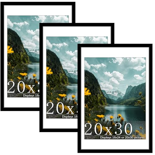 Picrit 20x30 Frame 3 Pack, Black Poster Frame, Display Poster 18 x 24 with Mat or 20 x 30 without Mat for Horizontal or Vertical Wall Mounting