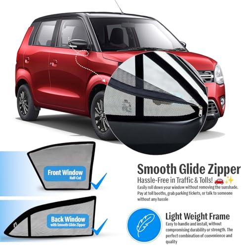 Image of Autofact Magnetic Car Sunshades Compatible with Maruti Wagon r (2019 to 2024) (Set of 4) - Easy Installation, UV Protection (Front 2 Half-Cut for Side Mirror Visibility, Rear 2 with Zippers)
