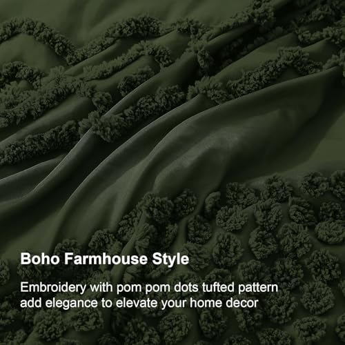 Image of Luxudecor Olive Green Boho Tufted Comforter Set King Size 3 Pieces Boho Shabby Chic Comforter Farmhouse Embroidery Bedding Set Soft Comforter for All Seasons (Olive Green, 104''x90'')