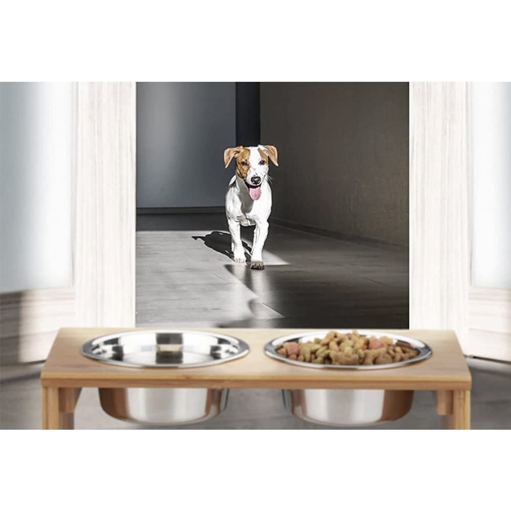 Gamelles surélevées - pour Chiens et Chats - Supports surélevés en Bambou avec 2 gamelles d'eau et de Nourriture en Acier Inoxydable - avec Pieds antidérapants (Deux Bols (Bois Naturel))