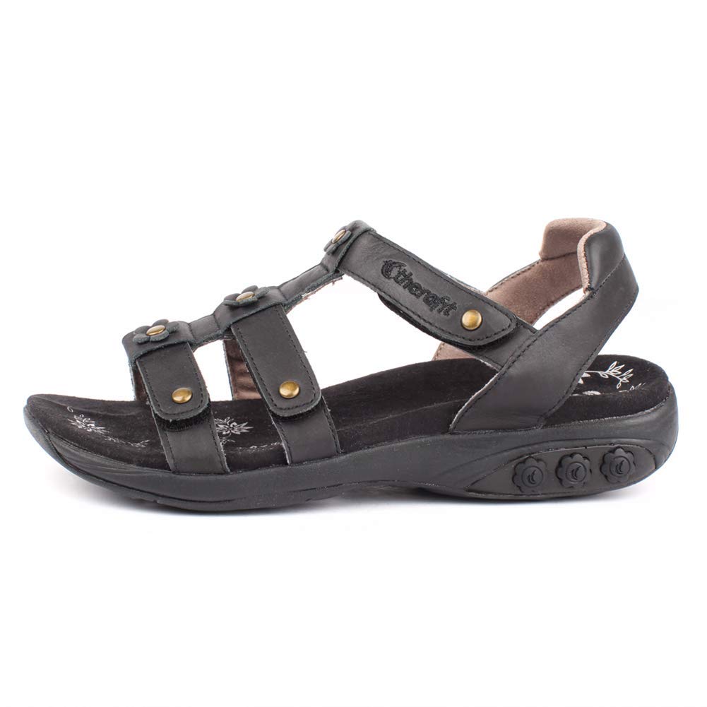 Therafit Claire Women's Leather Gladiator Adjustable Sandal - for Plantar Fasciitis/Foot Pain Black
