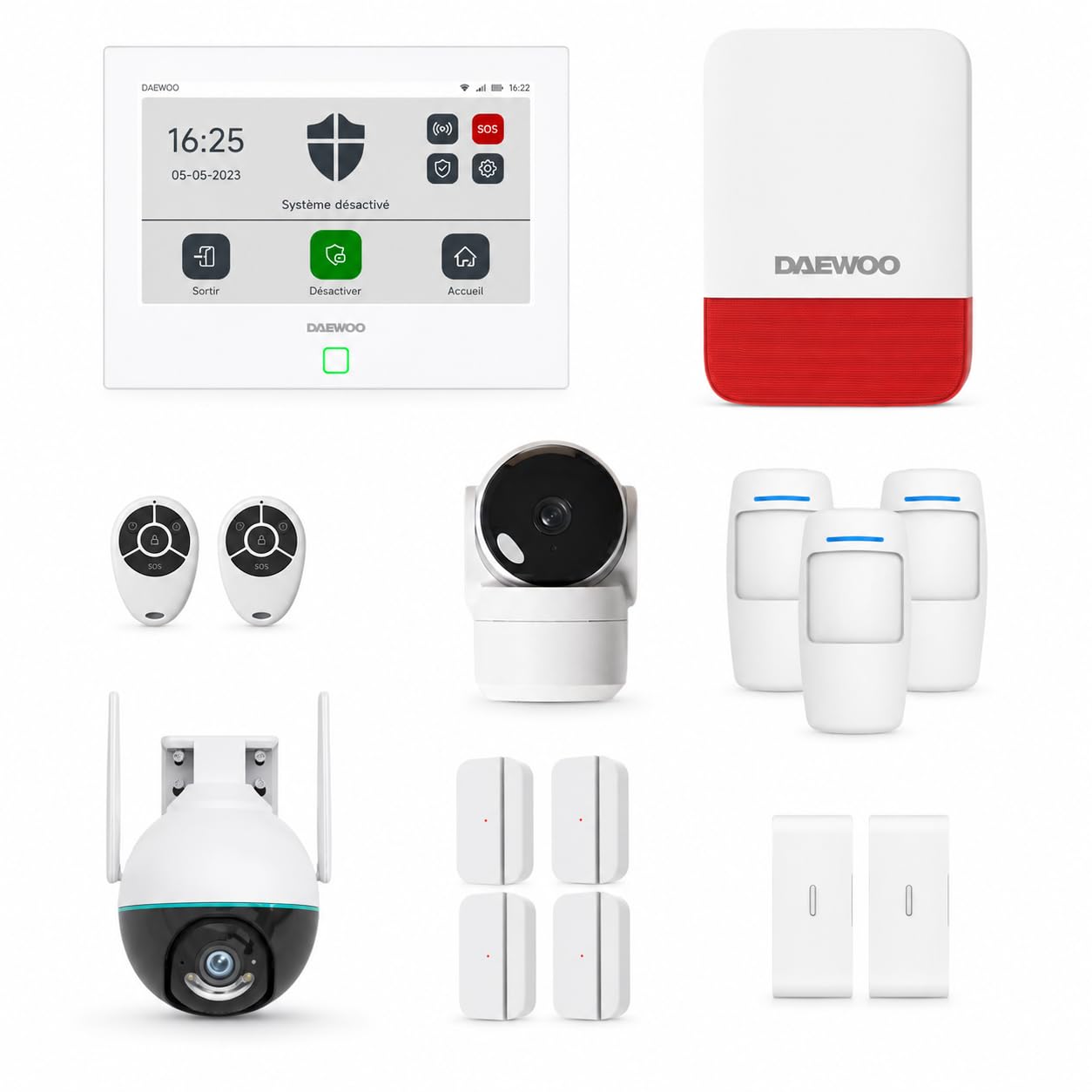 Daewoo AM371 - Kit de Alarma (WiFi y gsm, 7 Pulgadas, 12 Accesorios, Sirena Exterior, 2 cámaras giratorias Full HD