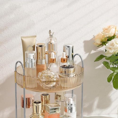 Image of NYALKARAN 360 Rotating Makeup Organizer Large Capacity Cosmetic Storage Box for Vanity Dressing Table & Bathroom Holds Lipsticks Perfume Skincare & Accessories (Golden Amber, 2 LAYER)