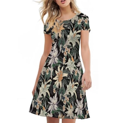 Image of HUGS IDEA Womens Puffy Swing Midi Dress Round Neck Short Sleeve Party A-Line Dresses