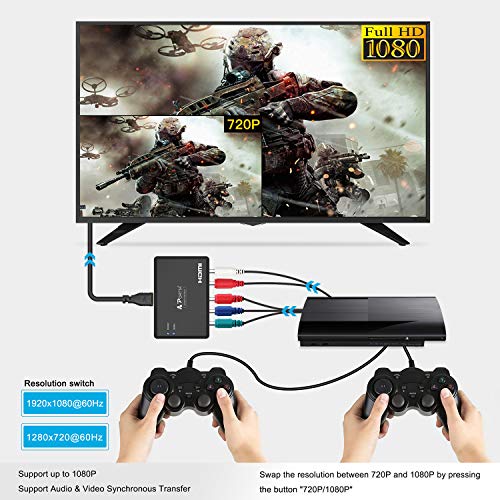 PORTTA Component to HDMI Converter with Scaler 1080p 720p, YPbPr + R/L Audio to HDMI Adapter, 5 RCA RGB to HDMI Video Converter for PS2 PS3 PSP DVD Wii Xbox 360