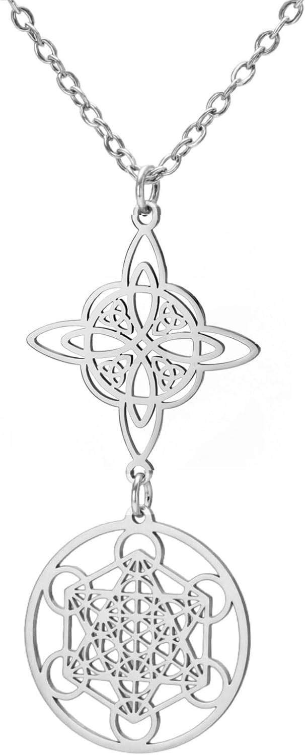 TEAMER Metatron Cube Witch Knot Pendant Necklace Double Amulet Protection Stainless Steel Witchcraft Necklaces Vintage Jewelry For Women