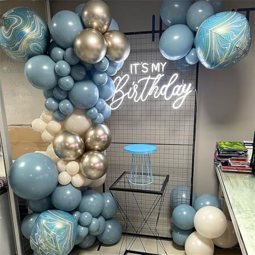 Image of Dusty Blue Balloon Set, 60Pcs 12 Inch Retro Baby Slate Blue Ivory White Metallic Silver Balloons Birthday Decor, Pastel Blue Beige Cream Ocean Balloon for Bridal Wedding Gender Reveal Party Decoration