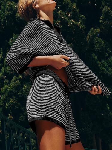 Image of Tankaneo Womens Sweater Set 2 Piece Outfits Oversized 3 /4 Sleeve V Neck Knit Tops High Waisted Shorts Lounge Sets