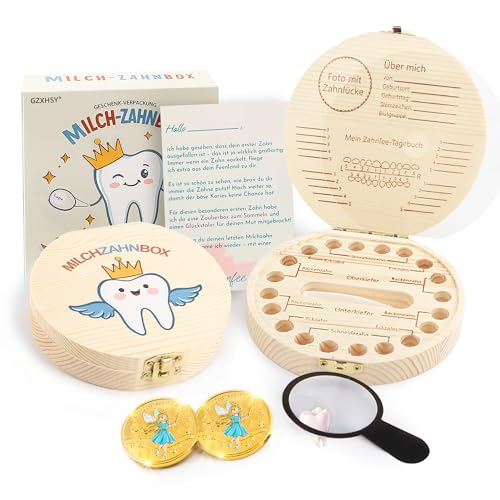 Gzxhsy Milchzahndose mit bunten Motiven für Jungen und Mädchen | Zahnfee Geschenk set mit 2 Münzen Lupe & Brief | zahnbox für Milchzähne (Rund - Zahn mit Flügeln2)