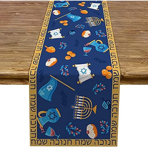 Linen 13x72'' Hanukkah Table Runner Jewish Chanukah Dreidel Memorah Hebrew Table Decoration Kitchen Dinning Room Decoration Cover