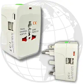 Adaptador De Tomada Universal 2 Saídas: USB + USB-C (PD), Para Até 150 Países, Usb 3.0, EUA, JP, UK, AU, EU, Benjamim Universal, Bivolt (110/220), Viagem,Benjamim - EzLife® (Branco)