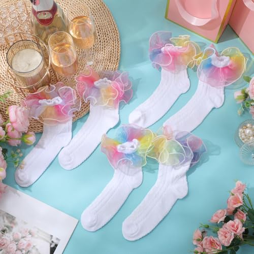 Image of Geyoga 3 Pairs Women Big Ruffle Socks Turn Cuff, Double Lace Ankle Cotton Frilly Socks for Ladies Summer
