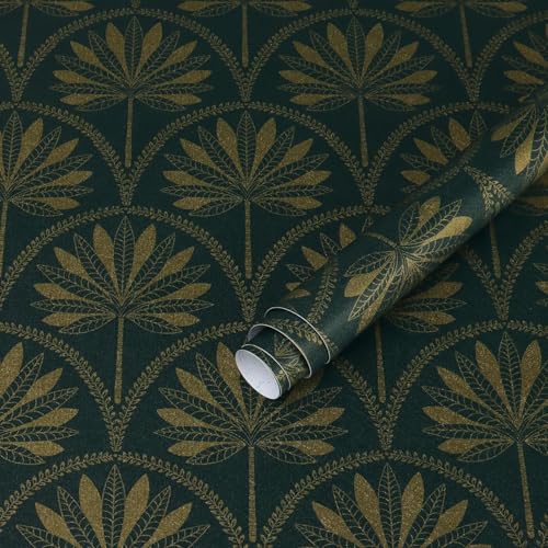 Image of Veki Luxury Floral & Botanical Geometric Wallpaper Mural - Waterproof, Moisture-Proof, Self-Adhesive PVC Wall Sticker for Home & Hotel Decoration (45cm x 300cm) (Green Gold Leaf)