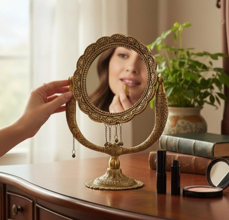 Image of KridayKraft Gold Plated Beautifully Carved Table Mirror for Makeup Metal Salon Mirror Antique Decorative Table Mirror for Decoration & Gifting Purpose, Round, Tabletop
