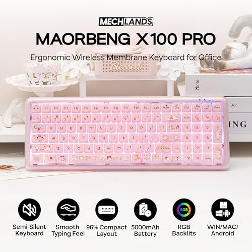 Image of MechLands X Maorbeng X100 PRO Membrane Gaming Keyboard with Number Pad, RGB Backlits, Wireless Computer Keyboard with 5000mAh Battery, BT /2.4G /USB-C Wired, 96% Layout for Windows /Mac /PC (Pink)