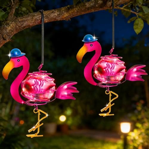 HuaMuDM 2 Stück Solar Deko Garten Flamingo Solardeko Flamingo Aussen Garten Deko Hängende Lampen Solar Lichter Wasserdicht Balkon Rasen