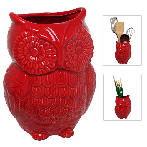 MyGift Pot à ustensiles de cuisine en céramique avec motif hibou rouge Cover