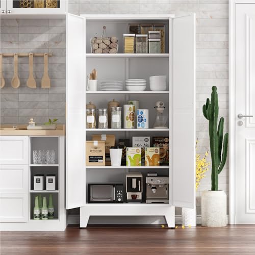 Image of Kitchen Pantry Cabinet,71 inch H x 31.5 inch W,Metal Farmhouse Storage Cabinet with Adjustable Shelves and Barn Doors,5-Tier Storage Cabinet for Kitchen Dining Room Garage,White 1 Pack