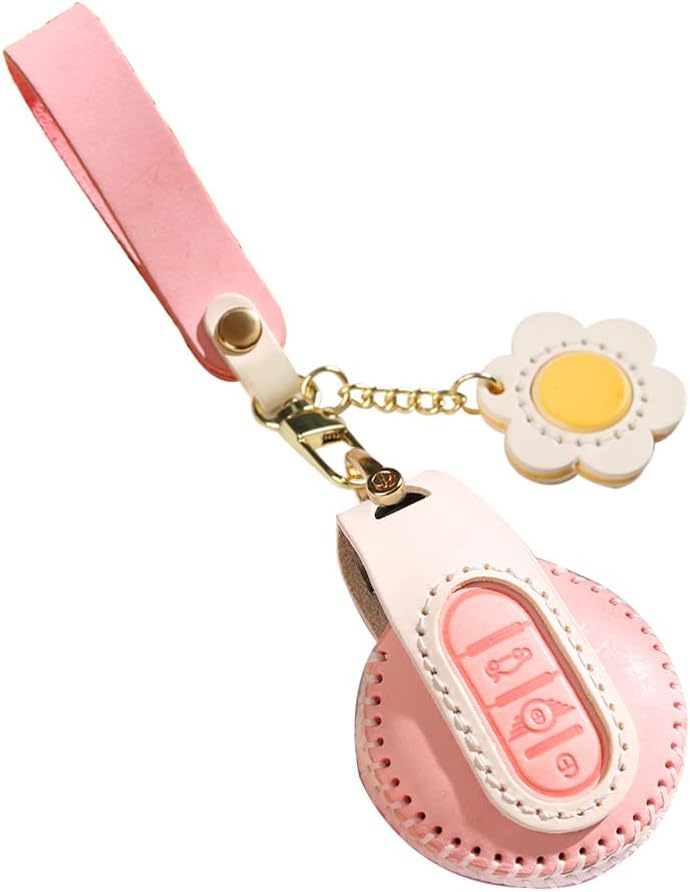 SANRILY Fashion Leather Key Fob Cover for Mini Cooper Clubman Countryman S F54 F55 F56 F57 F60 Key Fob Keyless Full Protection Smart Key Fob Case with Flower Keychain Pink