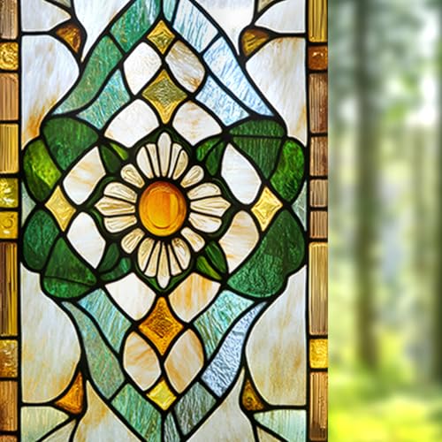 Image of Nuxovilar Stained Glass Floral Window Film, 17.7x39.4inch | Central Sunflower Pattern Static Cling for Home & Decor (Sparkle)