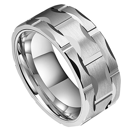 Doux Men's 10mm Brick Pattern Silver Tungsten Carbide Statement Ring Wedding Ring For Anniversary 7