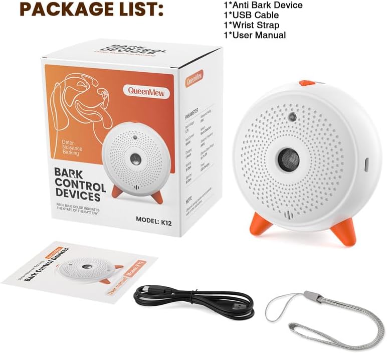 Package contents of Queenmew K12 Dog Bark Deterrent Device