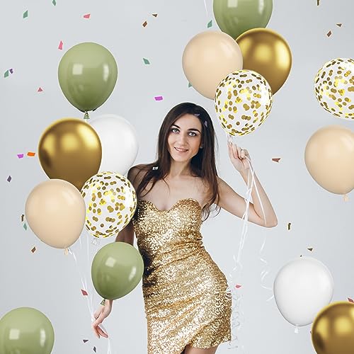 Image of Green & Gold Balloons - 60 Pcs Sage Green & Apricot, 12 Inch Metallic Gold Confetti, Retro Green Latex for Baby Shower, Wedding, Birthday, Jungle Animal Theme Party Decorations