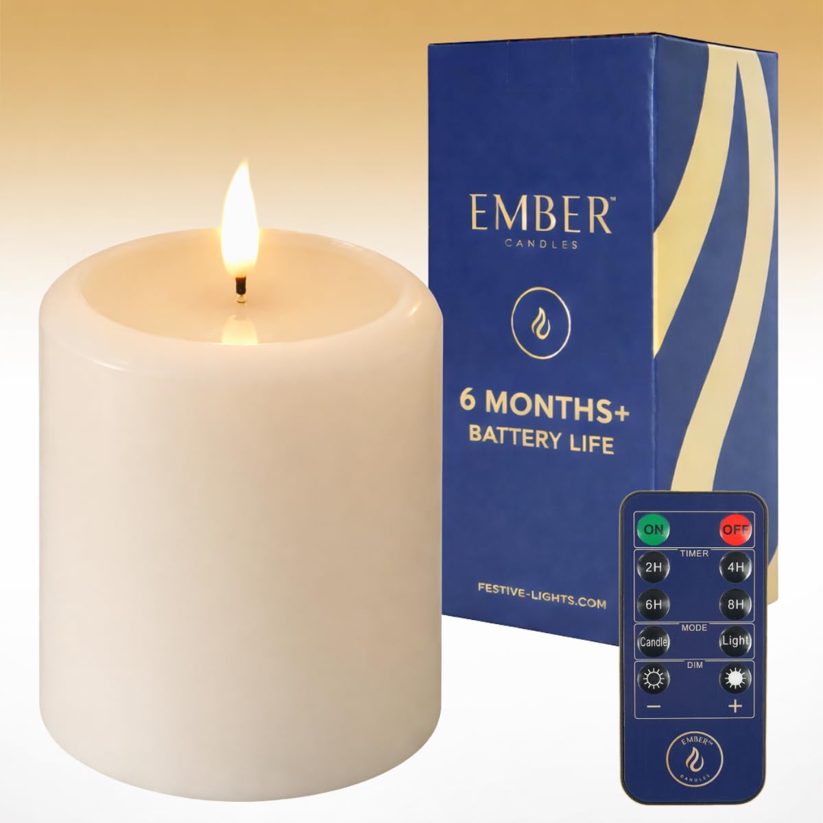 Ember Candles™ 10cm Chapel Pillar Ivory LED Flickering Battery Candle – 100% Real Wax, Ultra-Realistic, Flameless, Hand-Poured Design, 6 Hour Timer for Safe Indoor Use (with Remote Control)