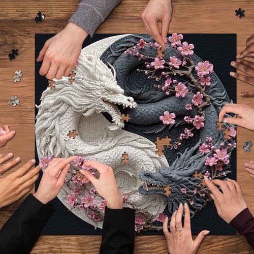 Yin Yang Dragon Puzzles para adultos 1000 piezas, dragones duales blanco y negro con flores de cerezo, rompecabezas floral animal fantasía miniatura 7