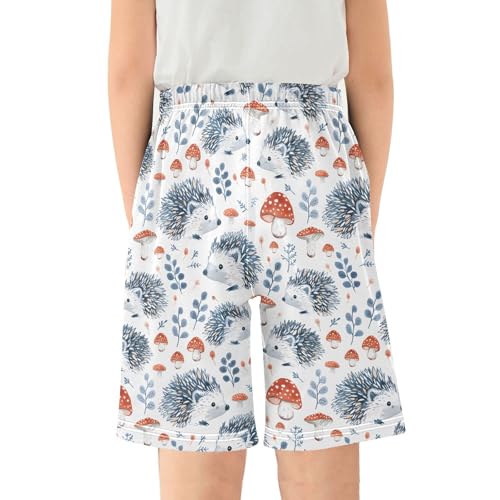 Hedgehog Mushrooms Forest Background Sleep Shorts Summer Pajama Shorts Elastic Waist Sleep Bottoms with Pockets 6-14 Years2