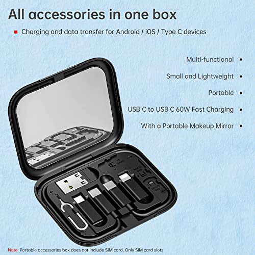 Multifunctional Compact Cable Card, Portable Storage Box with Micro USB A Type C Light USB Adapter Kit, PD 60W Charging and Data Transfer 1FT Cable Kit, Sim Card Tray Eject Tool and Slots - Black