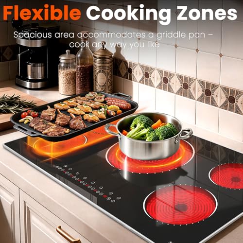 Image of Hobsir 36 Inch Built in Electric Cooktop, 9600W 5 Burner Electric Stove Top with BBQ Function & Triple Ring, 9-Level Power, 99Min Timer & Safety Lock, Cook Top with Glass Metal Frame, 220V Hardwired