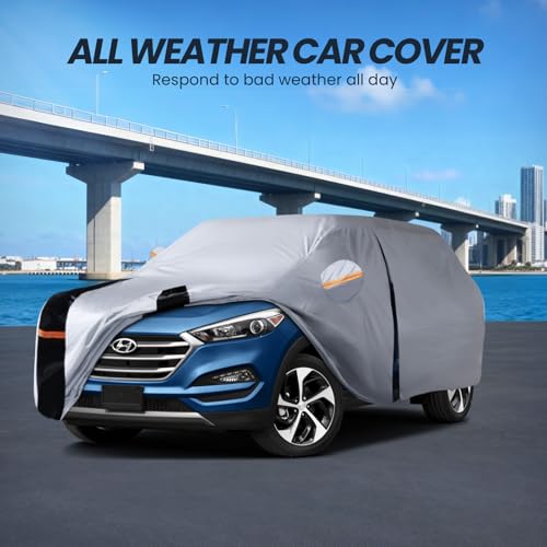 Image of Multi-Layer Car Cover Custom Fit for Hyundai Tucson (ix35)(2015-2026), 100% Waterproof All Weather for Automobiles, Gift with Towel, Heavy Duty Car Covers for Rain Sun UV Protection with Door Zipper